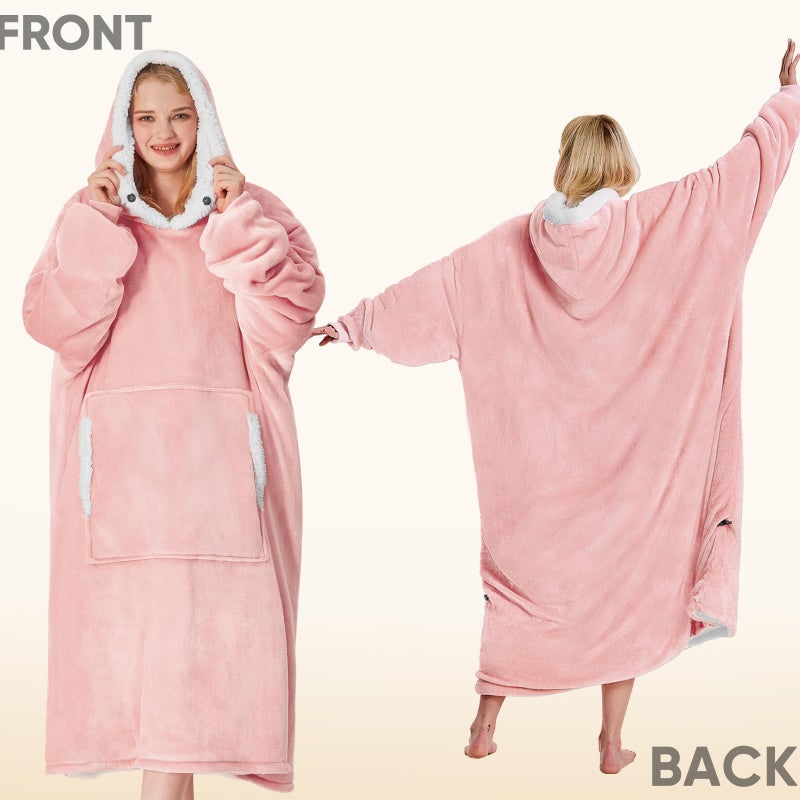 yescool Wearable Blanket Hoodie - Birthday Christmas Gifts for Women Mom Girlfriend, Oversized Flannel Sherpa Cozy Hooded Blanket Sweatshirt Adult With Hood Pocket & Sleeves (Pink Light) - Image 3