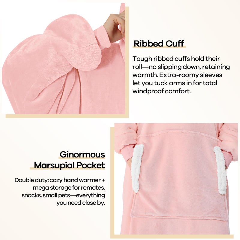 yescool Wearable Blanket Hoodie - Birthday Christmas Gifts for Women Mom Girlfriend, Oversized Flannel Sherpa Cozy Hooded Blanket Sweatshirt Adult With Hood Pocket & Sleeves (Pink Light) - Image 5