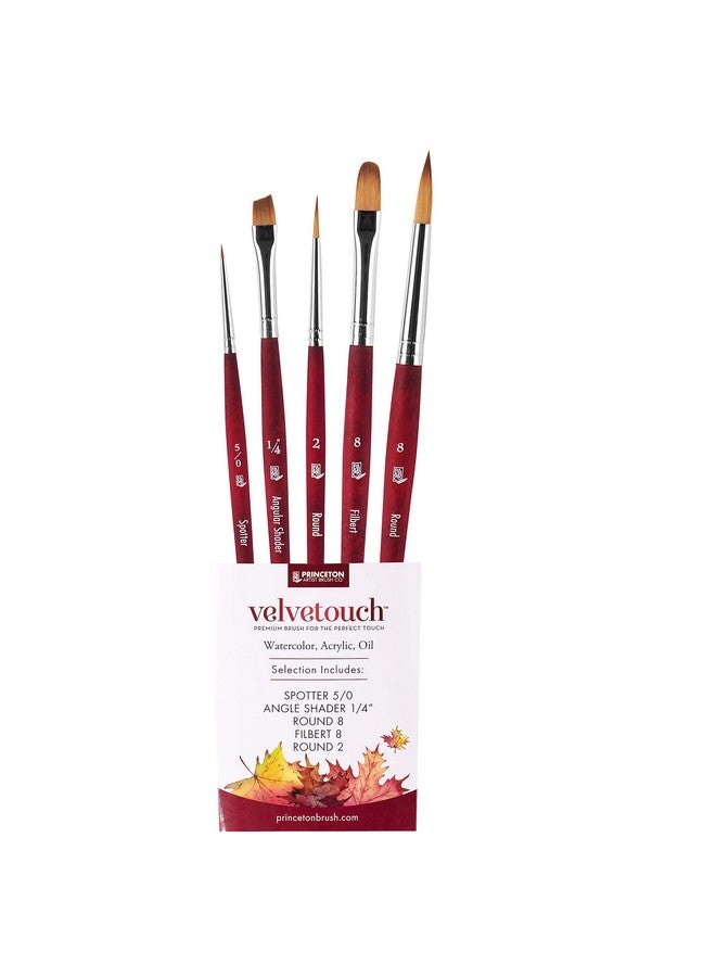 Princeton Velvetouch Series 3950 Paint Brush For Acrylic Oil And Watercolor Set Of 5 Spotter 5/0 Angle Shader ¼” Round 8 Filbert 8 Round 2 - Image 1