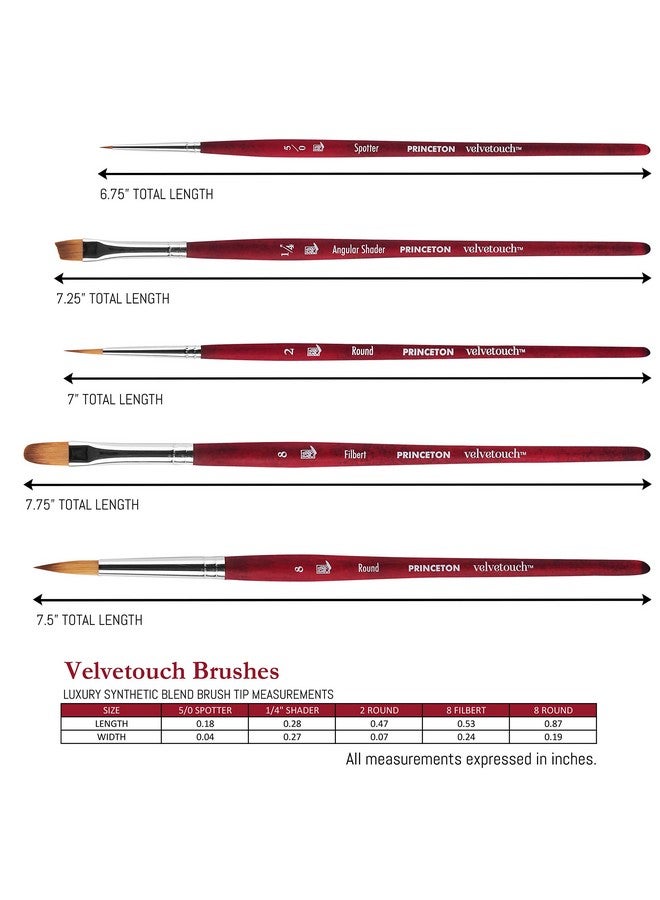 Princeton Velvetouch Series 3950 Paint Brush For Acrylic Oil And Watercolor Set Of 5 Spotter 5/0 Angle Shader ¼” Round 8 Filbert 8 Round 2 - Image 2