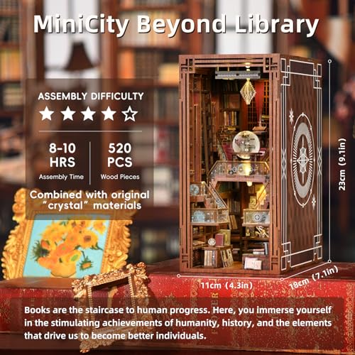 MiniCity DIY Book Nook Kit for Adults 3D Wooden Puzzle Bookend Bookshelf Insert Decor with LED Light and Dust Cover Beyond Library - Image 5