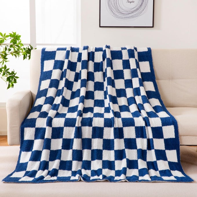 THROW BLANKET CHECKERED CHESSBOARD FLUFFY FUZZY WARMER COMFORT REVERSIBLE SUPER SOFT COZY FOR HOME DECOR BED COUCH SOFA LIVING ROOM BLUEY 60X80