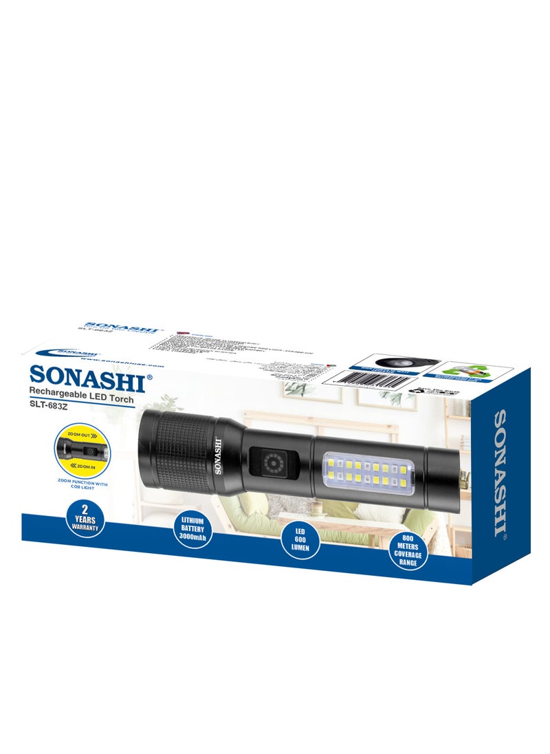 Rechargeable LED Torch with Zoom Function | 3000mAh Battery with Type-C Charging | 600 Meters Long Coverage | Hyper Bright 10-Watt Laser LED with 2 Hours Continuous Working | LED Flashlight for Camping & Hiking | SLT-683Z Black
