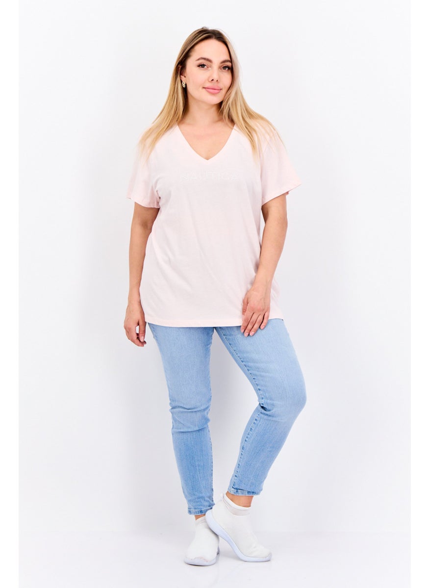 NAUTICA - Women V Neck Short Sleeve Brand Logo T-Shirt, Bloom Pink - Image 1