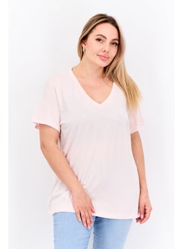 Women V Neck Short Sleeve Brand Logo T-Shirt, Bloom Pink