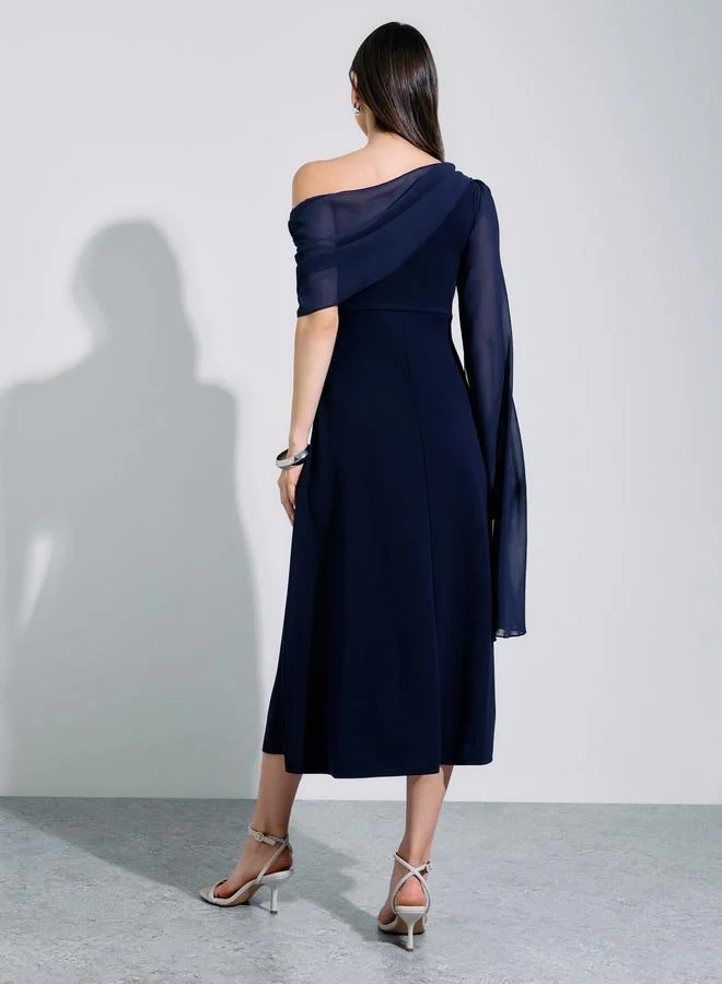 Styli  Navy Blue Solid Cape Sleeves A-Line Midi Dress for Women | Best Price UAE