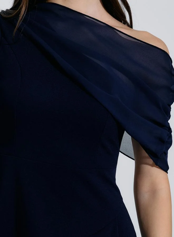 Styli  Navy Blue Solid Cape Sleeves A-Line Midi Dress for Women | Best Price UAE