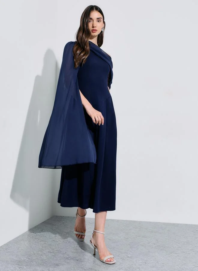 Styli  Navy Blue Solid Cape Sleeves A-Line Midi Dress for Women | Best Price UAE