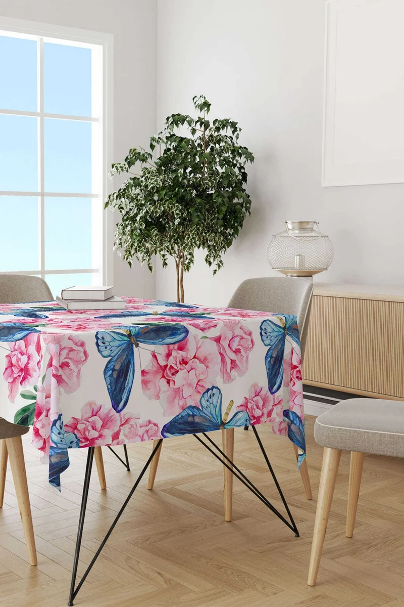 Cango Home Pink Blue Butterfly and Flower Patterned Digital Printed Tablecloth OTYK472-MS