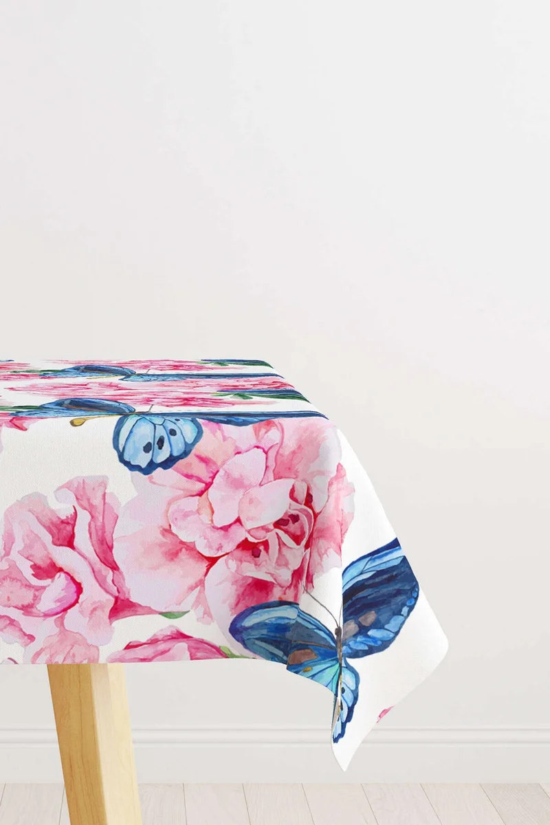 Cango Home Pink Blue Butterfly and Flower Patterned Digital Printed Tablecloth OTYK472-MS