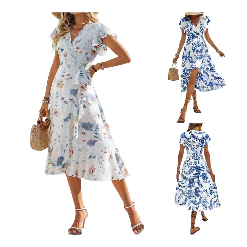 Women's Summer Printed Ruffle Short Sleeve Tie Front Dress - Image 1