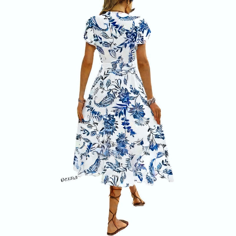 Women's Summer Printed Ruffle Short Sleeve Tie Front Dress - Image 5