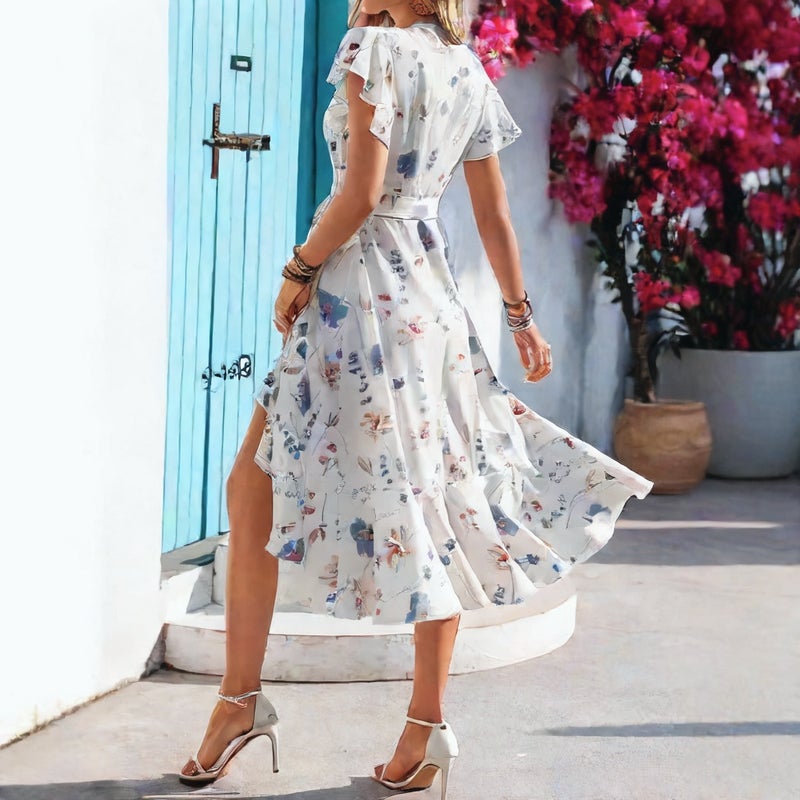 Women's Summer Printed Ruffle Short Sleeve Tie Front Dress - Image 4