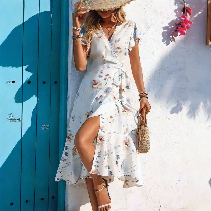 Women's Summer Printed Ruffle Short Sleeve Tie Front Dress - Image 2