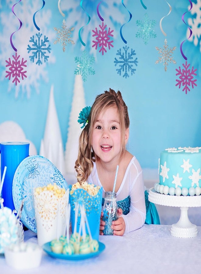 PERFQU 20 Pack Frozen Snowflake Hanging Decorations - Winter Snowflakes Hanging Swirls Ceiling Streamers, Glittery Snowflakes Ornament for Wonderland Frozen Party Decorations, Birthday and Christmas Decor - Image 2