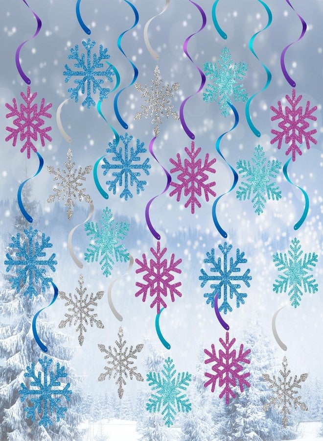 PERFQU 20 Pack Frozen Snowflake Hanging Decorations - Winter Snowflakes Hanging Swirls Ceiling Streamers, Glittery Snowflakes Ornament for Wonderland Frozen Party Decorations, Birthday and Christmas Decor - Image 1