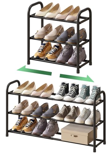kiplant Shoe Rack for Closet 3Tier Expandable Shoe Organizer Metal Adjustable Black Shoe Shelf Storage Organizer Free Standing Shoe Rack for Entryway Closet Doorway