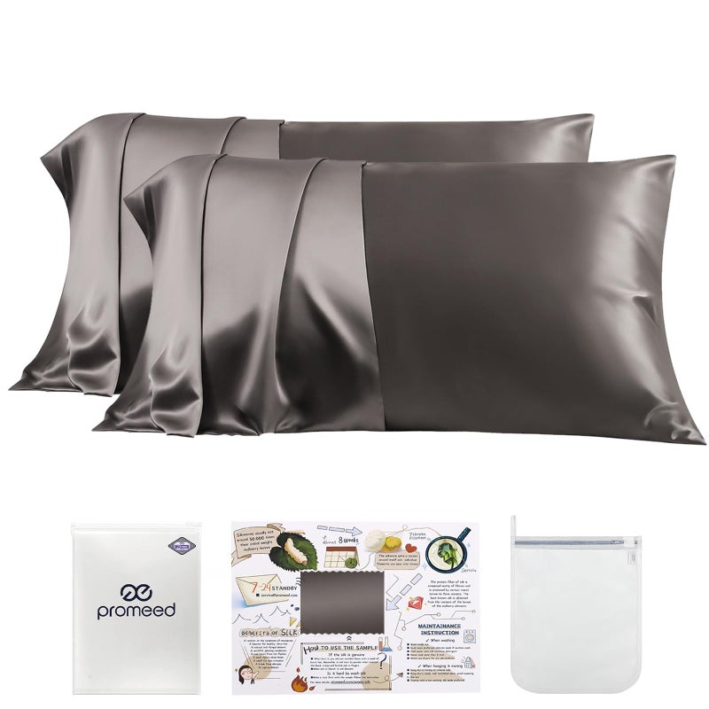 PROMEED 100 Silk Pillowcase 2 Pack Zipper Closure 23 Momme 3rd Gen Grade 6A Mulberry Silk Pillow Case Set of 2 Real Silk Pillow Cases for Hair and Skin King 20x36 Grey