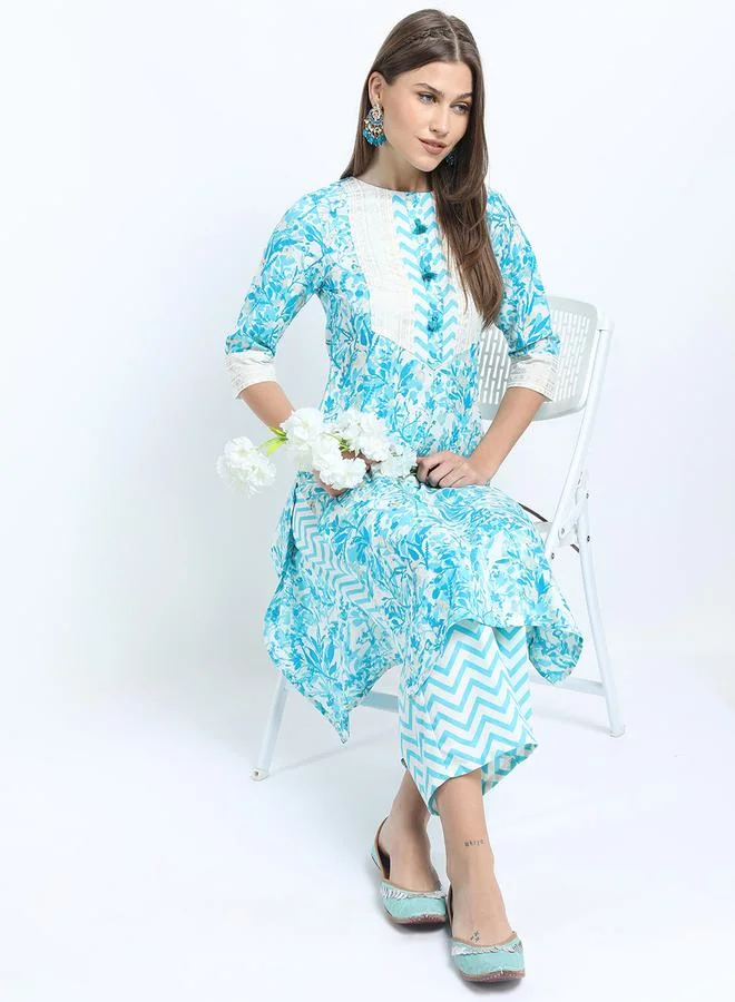 Vishudh  Women'S Turquoise Blue Printed Kurta Set With Palazzo And Dupatta for Women | Best Price UAE