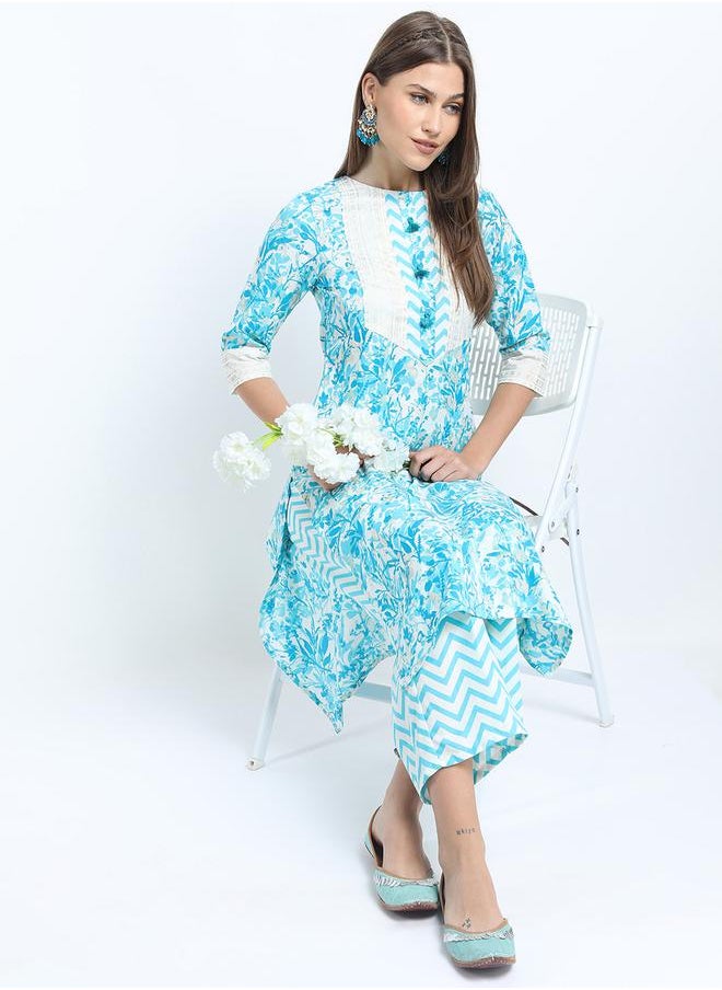 Vishudh Women's Turquoise Blue Printed Kurta Set with Palazzo and Dupatta by Styli  - Image 4