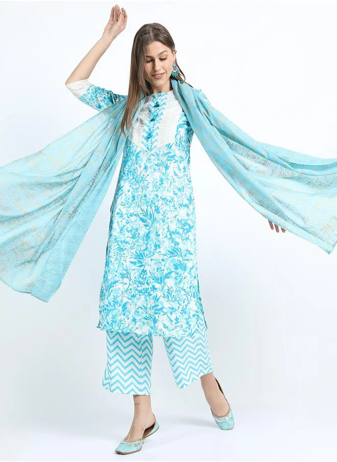 فيشود Women's Turquoise Blue Printed Kurta Set with Palazzo and Dupatta by Styli