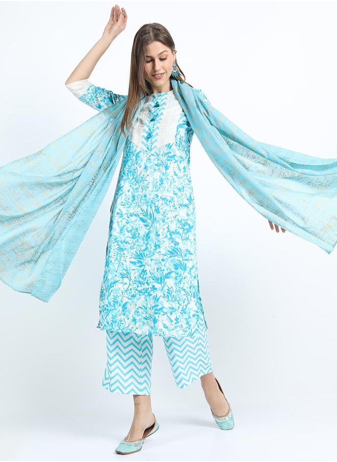 Vishudh Women's Turquoise Blue Printed Kurta Set with Palazzo and Dupatta by Styli  - Image 1