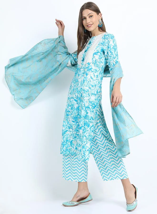 Vishudh  Women'S Turquoise Blue Printed Kurta Set With Palazzo And Dupatta for Women | Best Price UAE