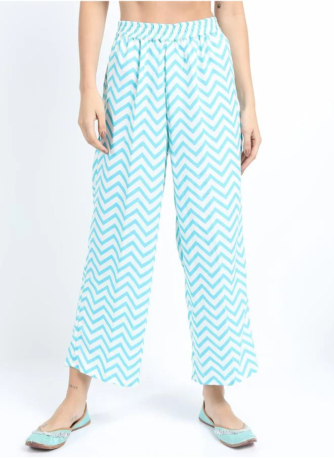 فيشود Women's Turquoise Blue Printed Kurta Set with Palazzo and Dupatta by Styli