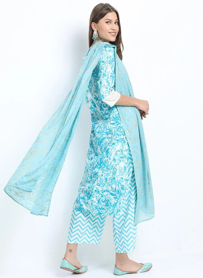 Vishudh  Women'S Turquoise Blue Printed Kurta Set With Palazzo And Dupatta for Women | Best Price UAE