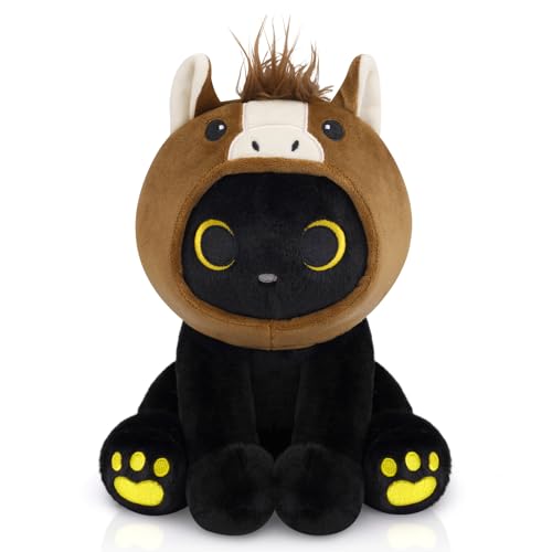 KOPHINYE Horse Cat Plush 8 Black Cat Stuffed Aniaml with Removable Brown Horse Hood Cute Stuffed Animal Kawaii Soft Plush Toy for Kids Girls Boys Birthday Gift Room Decor - Image 1