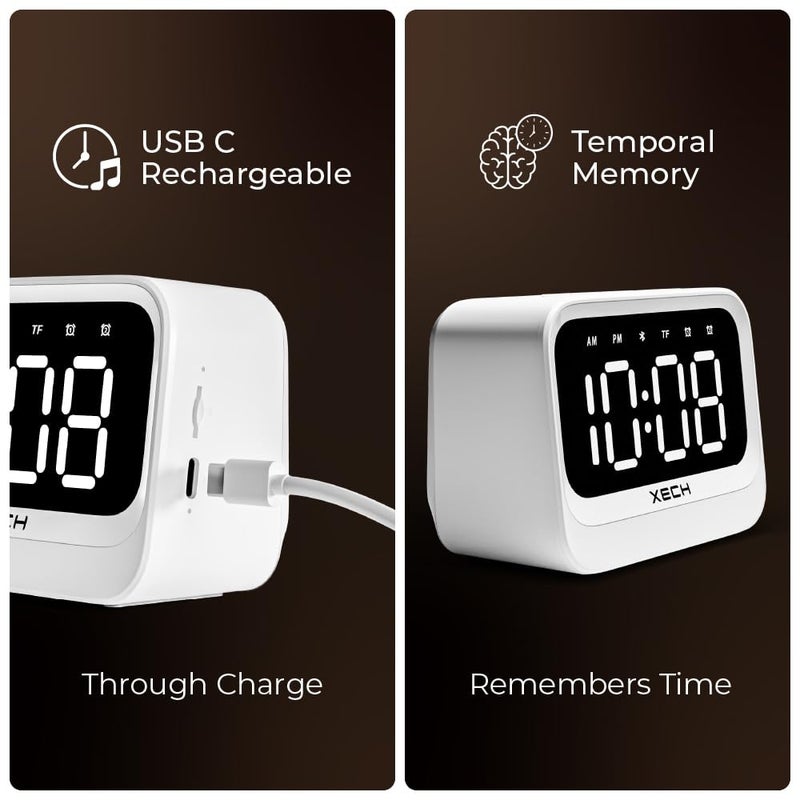 Xech ساعة منبه بلاستيكية للطلاب والنائمين بعمق، ساعة رقمية صغيرة مع مكبر صوت، منبه مزدوج، تعمل بالطاقة USB C، منبه عالي الصوت للطاولة، للأطفال، غرفة النوم، الدراسة (Eon) (أبيض)، 3.81 سم، 10.8 سم - Image 4