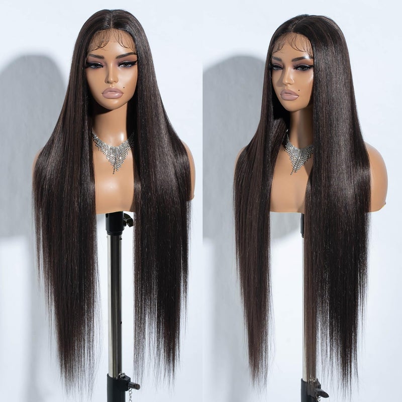 Joedir 34" Long Yaki Straight Lace Front Synthetic Wigs Middle Part HD Transparent Glueless Lace Wig Heat Resistant Fiber Pre Plucked Hairline with Baby Hair Wig for Women(Chocolate Brown Color)