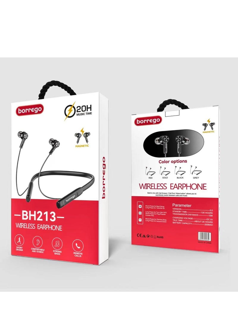 borrego BH213 Wireless Bluetooth Earphone With Magnetic, 20 Hours Music Time- Black  - Image 2