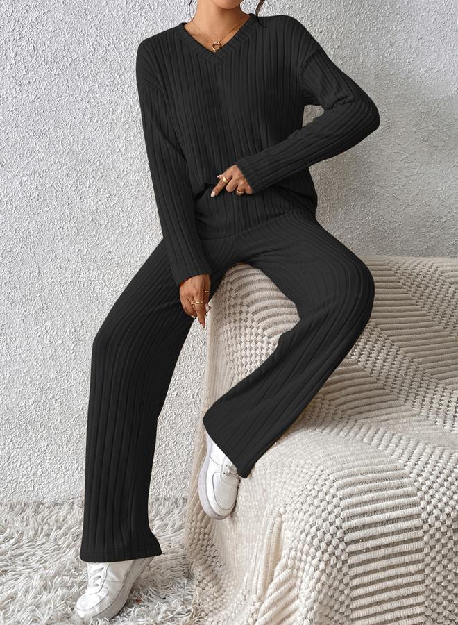 Take Two Black Ribbed Knit Top and Pants Co-Ords - Image 3
