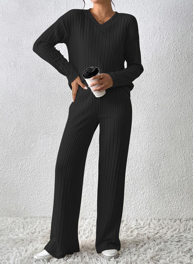 Take Two Black Ribbed Knit Top and Pants Co-Ords - Image 1