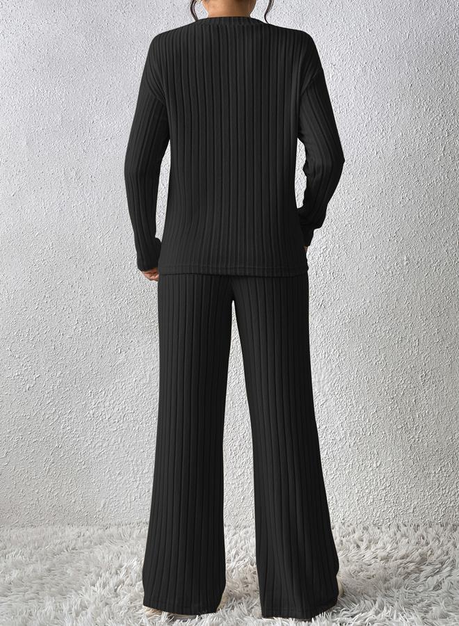 Take Two Black Ribbed Knit Top and Pants Co-Ords - Image 2