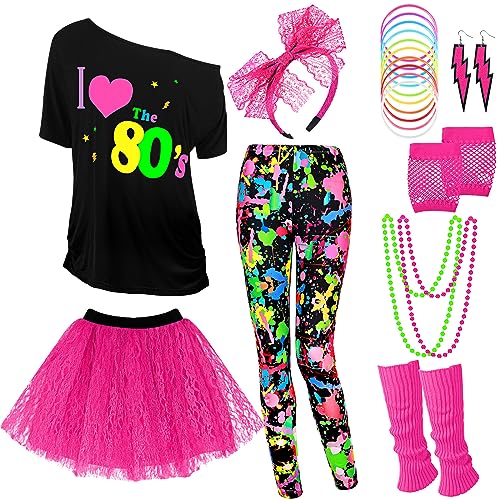 Vabean 19 Pcs 80s Costume Set T Shirt Leggings Tutu Skirt Headband Necklace Bracelets Earrings Gloves Leg Warmers for Women (Colorful Leggings,Medium) - Image 1