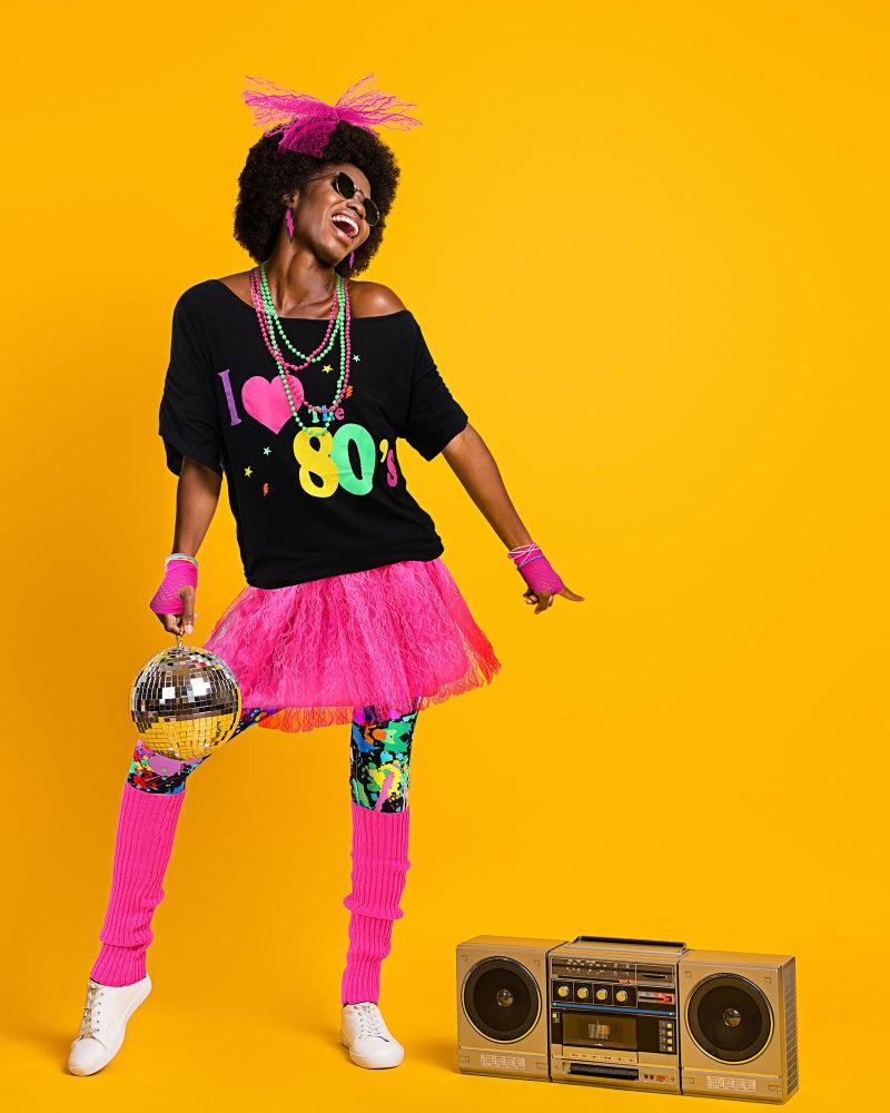 Vabean 19 Pcs 80s Costume Set T Shirt Leggings Tutu Skirt Headband Necklace Bracelets Earrings Gloves Leg Warmers for Women (Colorful Leggings,Medium) - Image 5