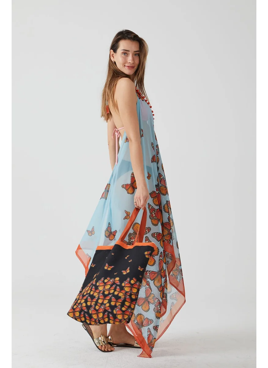 ايس هوم Butterfly Pattern Long Blue Beach Dress