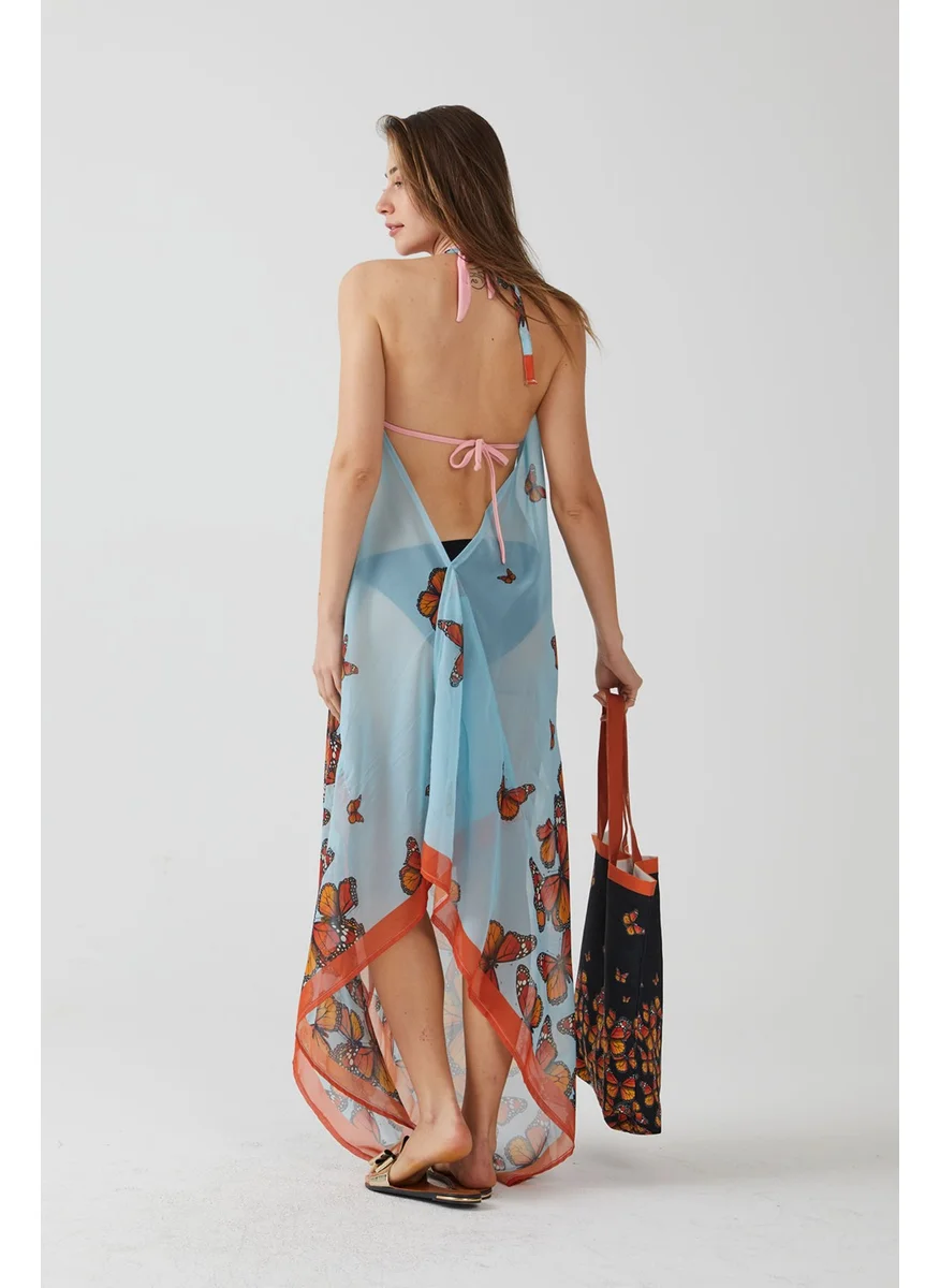 ايس هوم Butterfly Pattern Long Blue Beach Dress