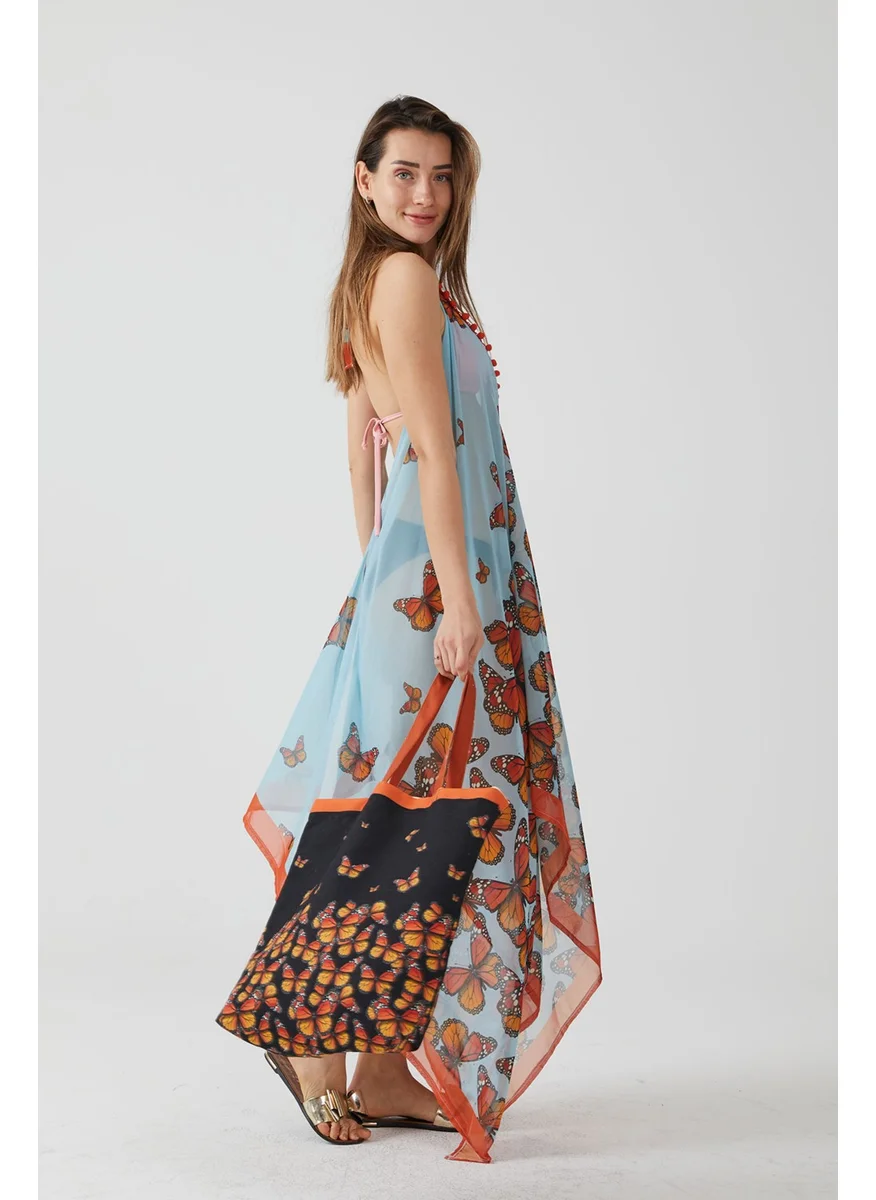 ايس هوم Butterfly Pattern Long Blue Beach Dress