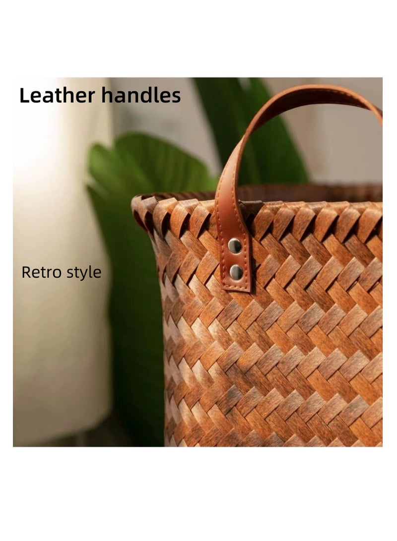 نوفولان سلة تخزين منسوجة يدويًا من NOVOLAN، رف تخزين متنوع، تصميم من الخيزران الصناعي، فخامة عتيقة، مقابض مختارة من جلد البولي يوريثان، جيدة التهوية ومقاومة للرطوبة، للوجبات الخفيفة والألعاب والمزيد 38x28x20 سم - Image 3