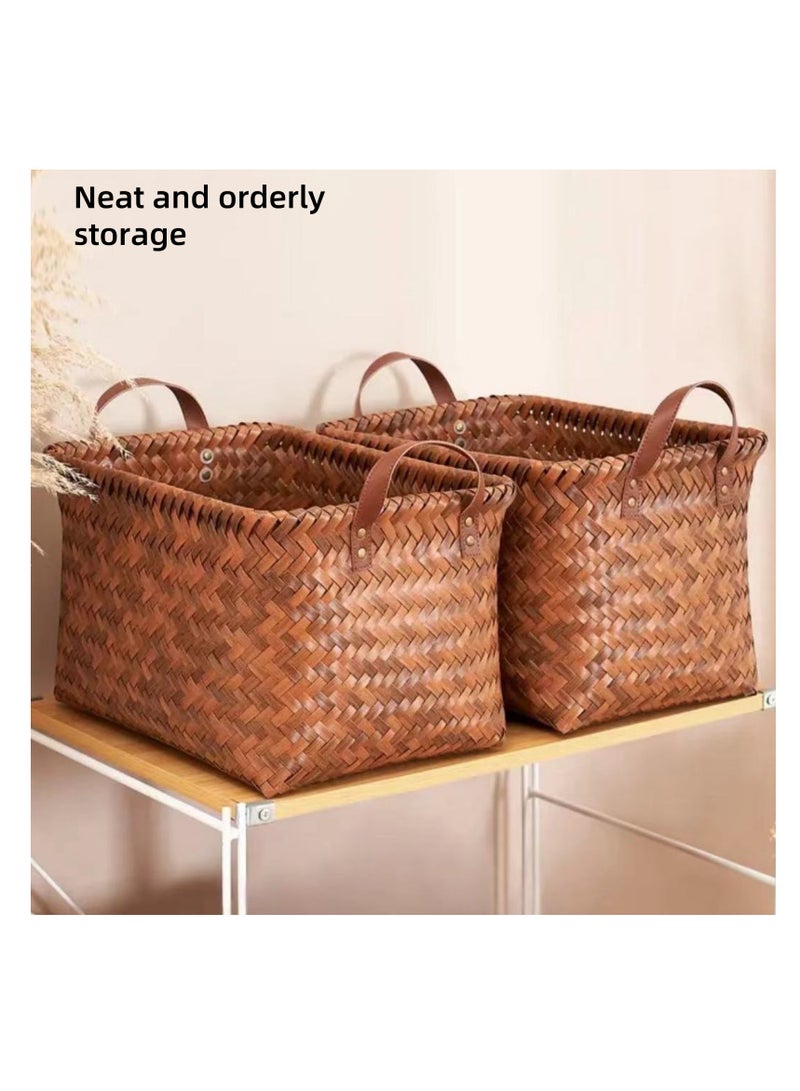 نوفولان سلة تخزين منسوجة يدويًا من NOVOLAN، رف تخزين متنوع، تصميم من الخيزران الصناعي، فخامة عتيقة، مقابض مختارة من جلد البولي يوريثان، جيدة التهوية ومقاومة للرطوبة، للوجبات الخفيفة والألعاب والمزيد 38x28x20 سم - Image 4