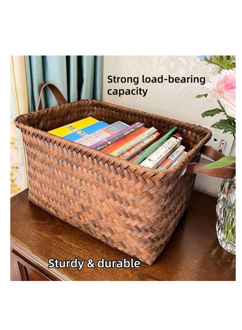 نوفولان سلة تخزين منسوجة يدويًا من NOVOLAN، رف تخزين متنوع، تصميم من الخيزران الصناعي، فخامة عتيقة، مقابض مختارة من جلد البولي يوريثان، جيدة التهوية ومقاومة للرطوبة، للوجبات الخفيفة والألعاب والمزيد 38x28x20 سم - Image 5