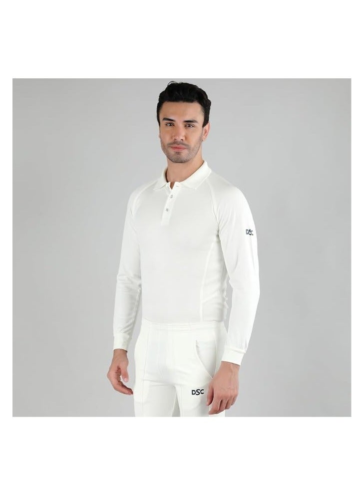 DSC Passion Full Sleeve Cricket T-Shirt – Size 34 | White/Navy | Men’s Polyester Quick-Dry Sports Jersey for Match, Practice & Training | Breathable, Lightweight & Comfortable - Image 1