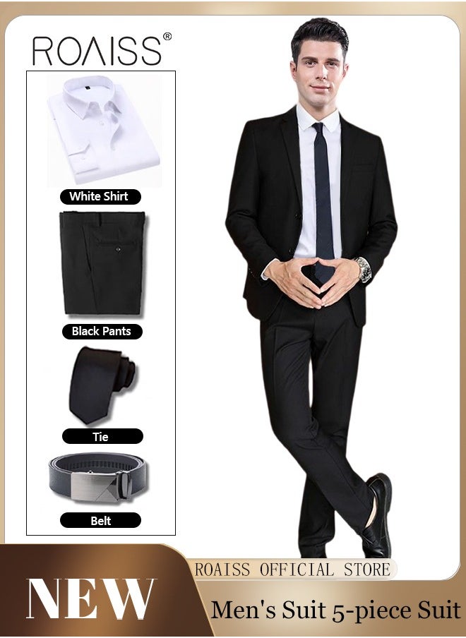 5PCS Men's Casual Suit Business Professional Suit Lapel Collar Two Single-Breasted Buttons Classic Fit Blazer Formal Wear Black(Suit + Trousers + White Shirt + Tie + Belt) - pzsku/ZAC48FE2E1828F8428F60Z/45/_/1710811335/ab6cf2de-2128-4197-b684-0837e5ab2cbc