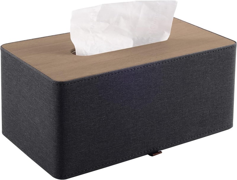 RHCSZ High-end Pu Leather Tissue Box Holder Two Color Combination-Linen and Wood Grain,Rounded Rectangle Napkin Paper Case Dispenser for Home Bathroom Dresser Offices Car Tissue Cover (Black) - Image 1