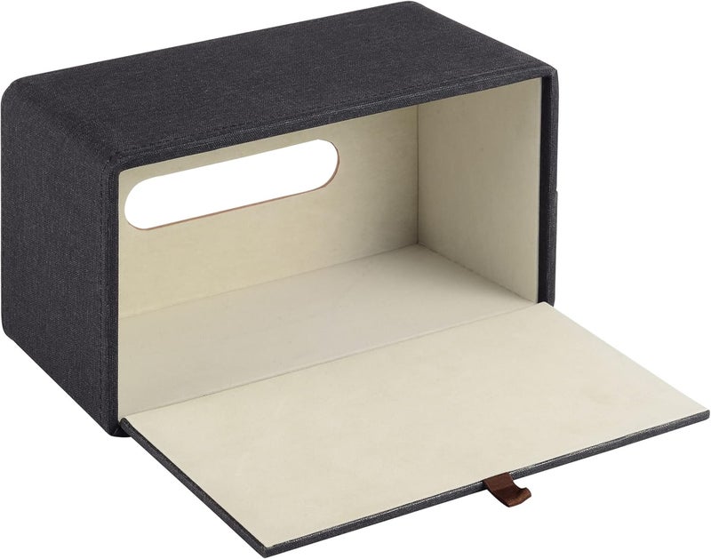 RHCSZ High-end Pu Leather Tissue Box Holder Two Color Combination-Linen and Wood Grain,Rounded Rectangle Napkin Paper Case Dispenser for Home Bathroom Dresser Offices Car Tissue Cover (Black) - Image 2