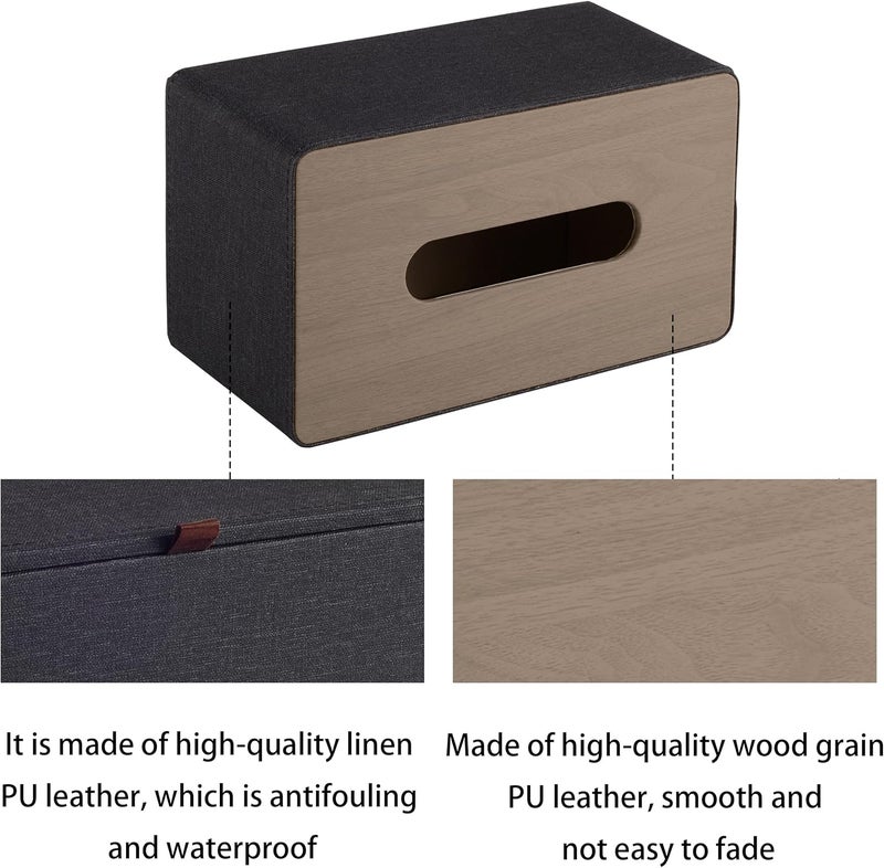 RHCSZ High-end Pu Leather Tissue Box Holder Two Color Combination-Linen and Wood Grain,Rounded Rectangle Napkin Paper Case Dispenser for Home Bathroom Dresser Offices Car Tissue Cover (Black) - Image 4