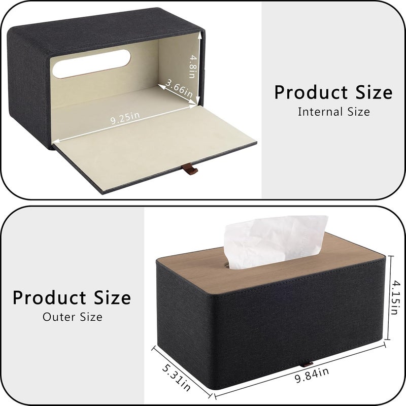 RHCSZ High-end Pu Leather Tissue Box Holder Two Color Combination-Linen and Wood Grain,Rounded Rectangle Napkin Paper Case Dispenser for Home Bathroom Dresser Offices Car Tissue Cover (Black) - Image 5